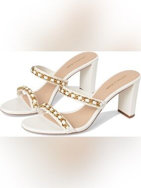 Veronica Beard Cream Chain-Trim Block Heel Sandals